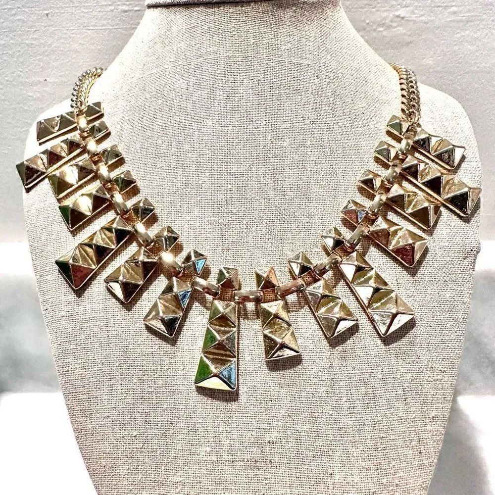 Anthropologie Gold-Tone Pyramid Bar Stud Bib Chain Statement Necklace